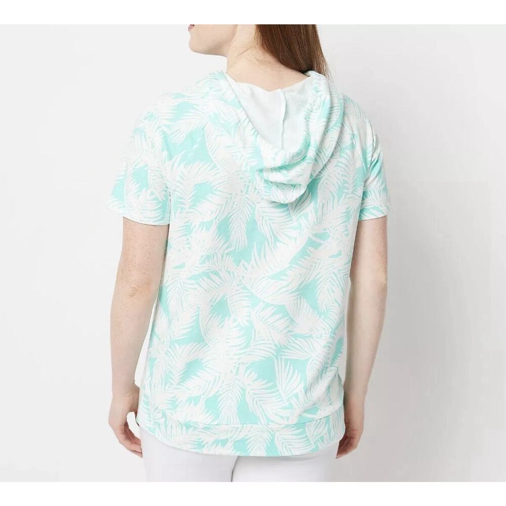 Belle Beach by Kim Gravel French Terry Short Sleeve Hoodie Light Aqua Palm XL - Picture 2 of 12
